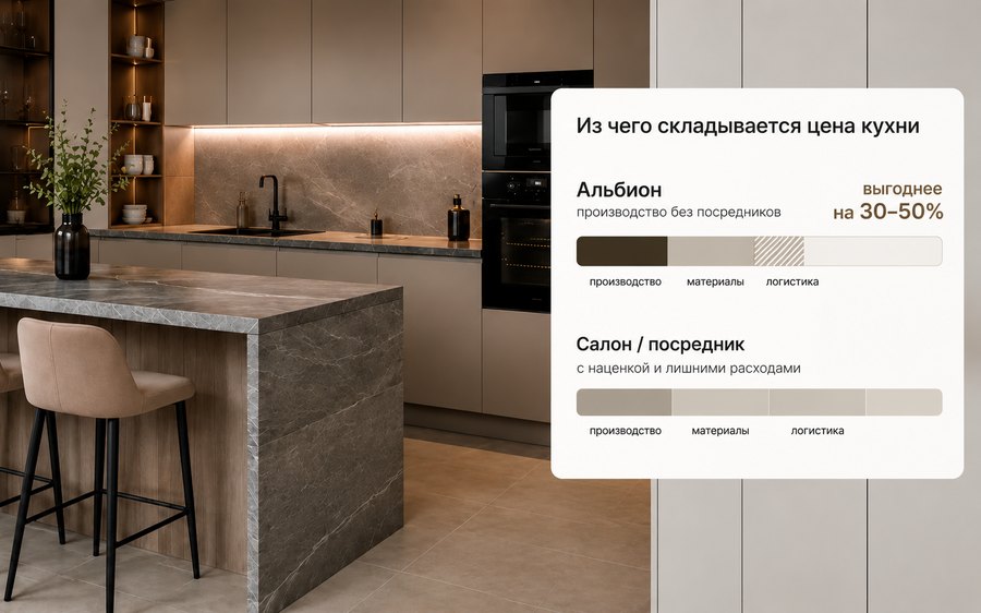 Из чего складывается цена кухни: Альбион без посредников выгоднее на 30-50%, чем салон